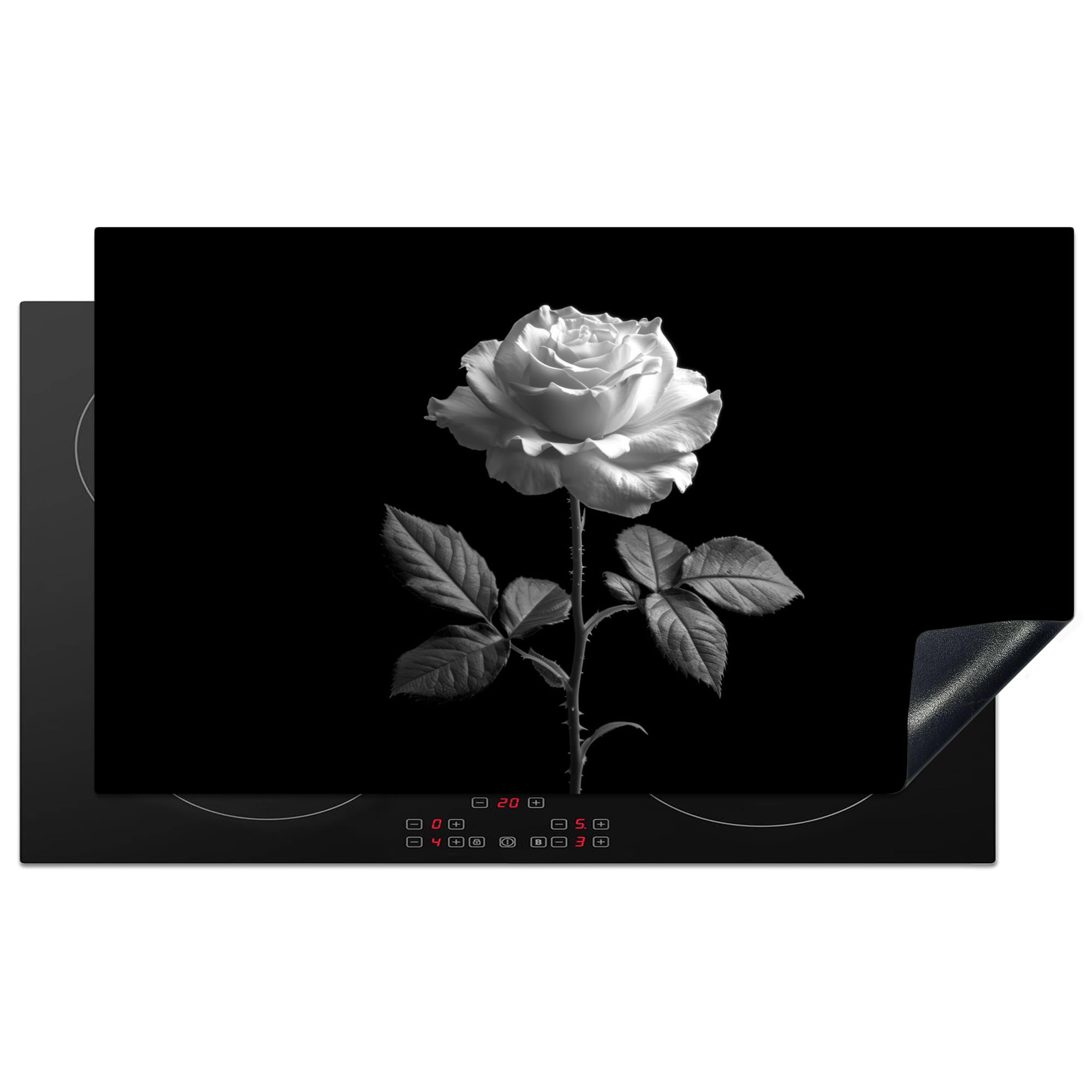KitchenYeah© Induction Hob Protector Mat 20.5"x35.4" / 90x52 cm Cooker Top Protectors Cover Ceramic Covers Electric Hobs Vinyl Rose - Black and White - Flower