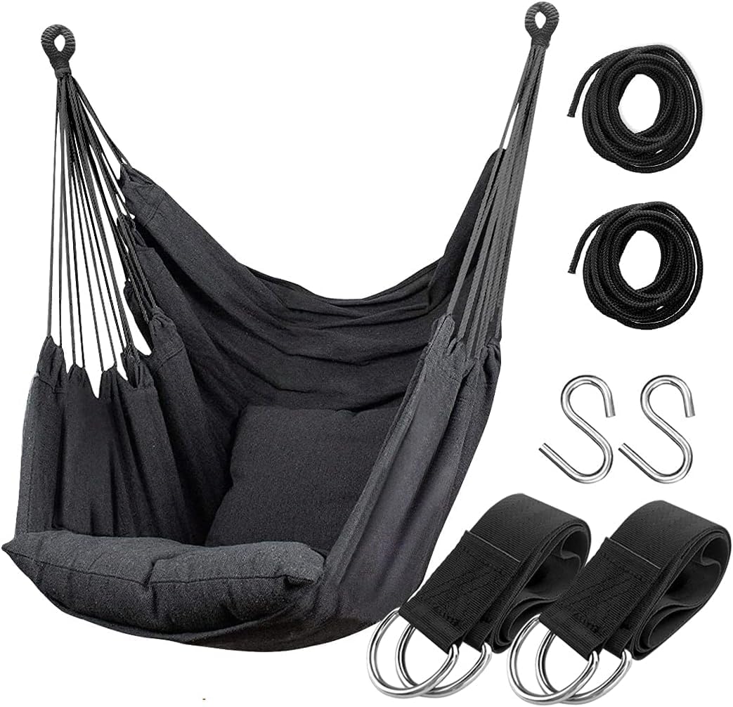 Hammock Chair, SKADE Support 330lbs Indoor Outdoor Hanging Rope Swing Seat with 2 Cushions, Backyard Seat Cotton for Patio (Pole NOT Included) (Grey)