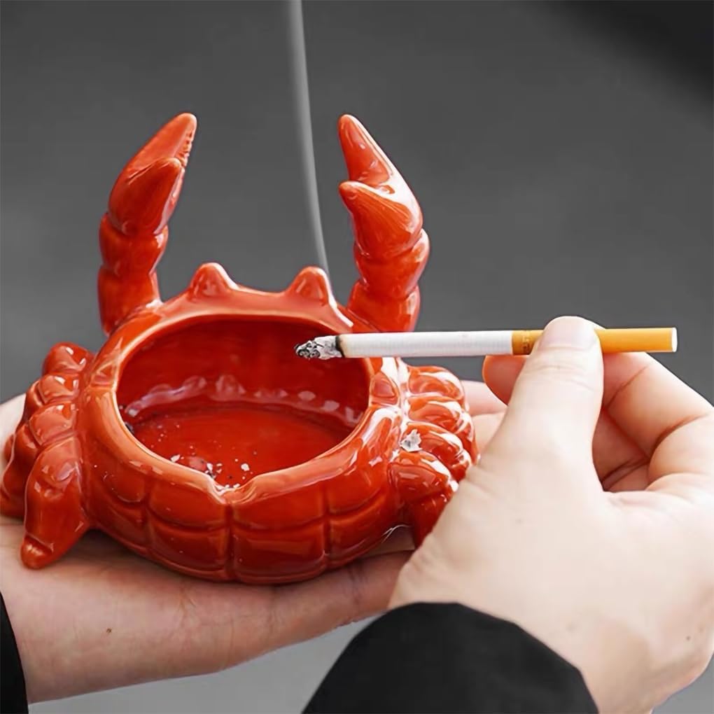 WAIT FLY Crab Ceramic Ashtray with Lid, Cute Cigar Ashtray for Indoor or Outdoor use, Home Office Decoration Ashtray for Smokers