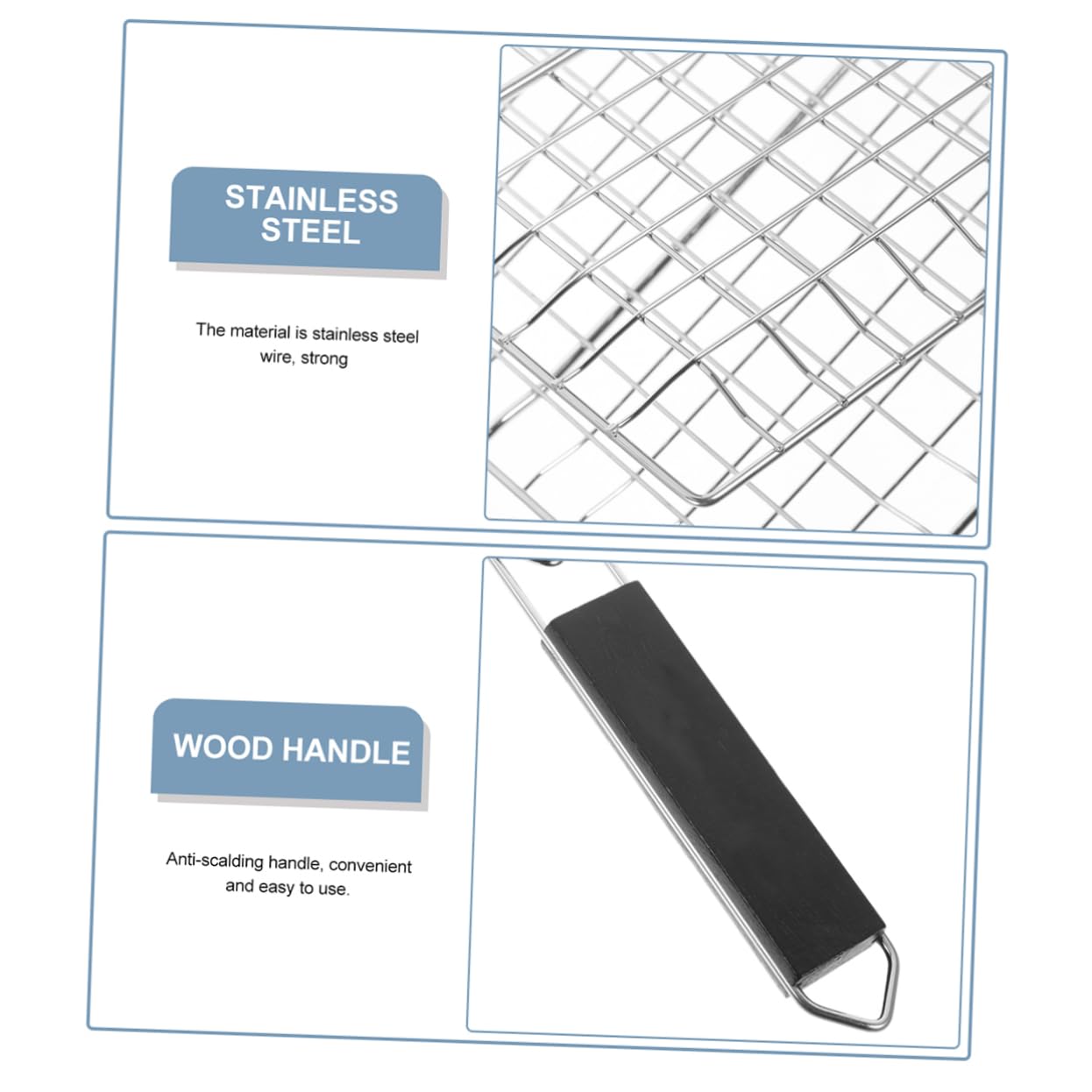 Cestello Griglia Barbecue Rettangolare in Acciaio Inox Nero | Manico in Legno, Superficie Liscia e Riscaldamento Uniforme, per Cottura Domestica e Barbecue All'aperto