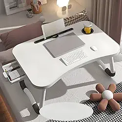 Mesa para Notebook na Cama com Gaveta - Mesa Dobrável Portátil - Suporte para Laptop no Quarto(Off Wihte + Gaveta)