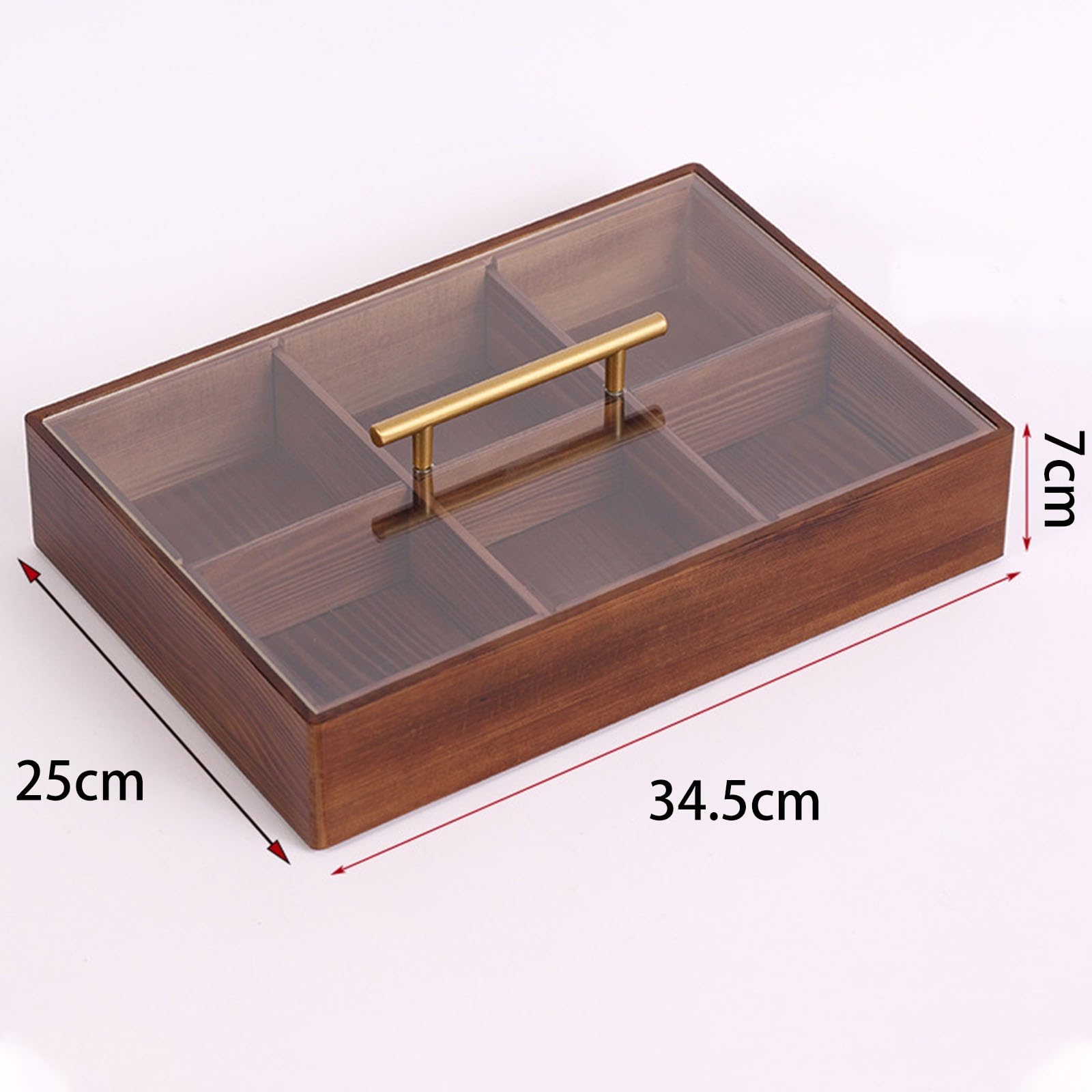 Plateau de service carré avec couvercle – Plateau en bois divisé à 6 compartiments avec couvercle en verre acrylique transparent pour noix, fruits secs, bonbons et sachets de thé