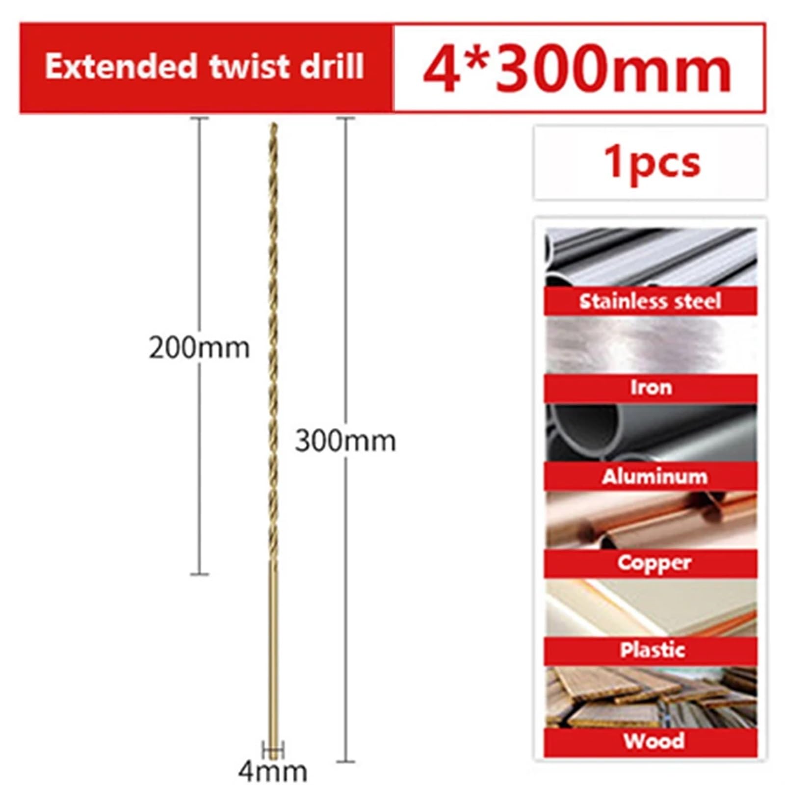 Broca helicoidal alargada M35 con contenido de cobalto de 300 mm diseñada for metal, madera, acero inoxidable, broca for agujeros profundos de 2,5 a 10 mm, herramienta de 1 pieza(4x300mm 1pcs)