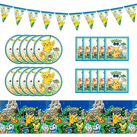 xinglong Pikachu Birthday Party Supplies, 32Pcs Pikachu Decorations for Kids include Banner ,Table cloth ,Plates, and Napkins (Green) Cover