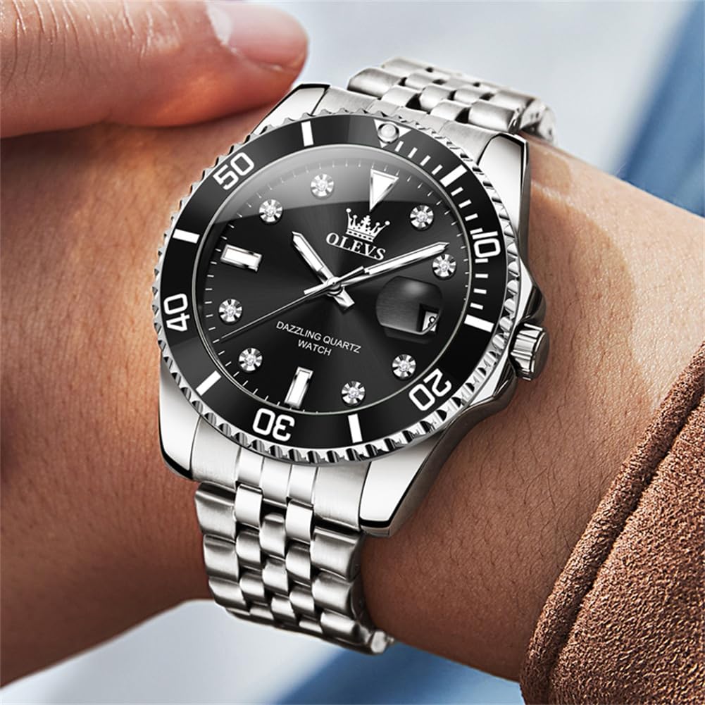 OLEVS Edelstahl Armbanduhr Herren Wasserdicht, Modern Groß Uhr Herren mit Datum, Quarz Analog Leuchtziffern Herrenuhren mit Metallarmband Geschenke für Männer Geschenke