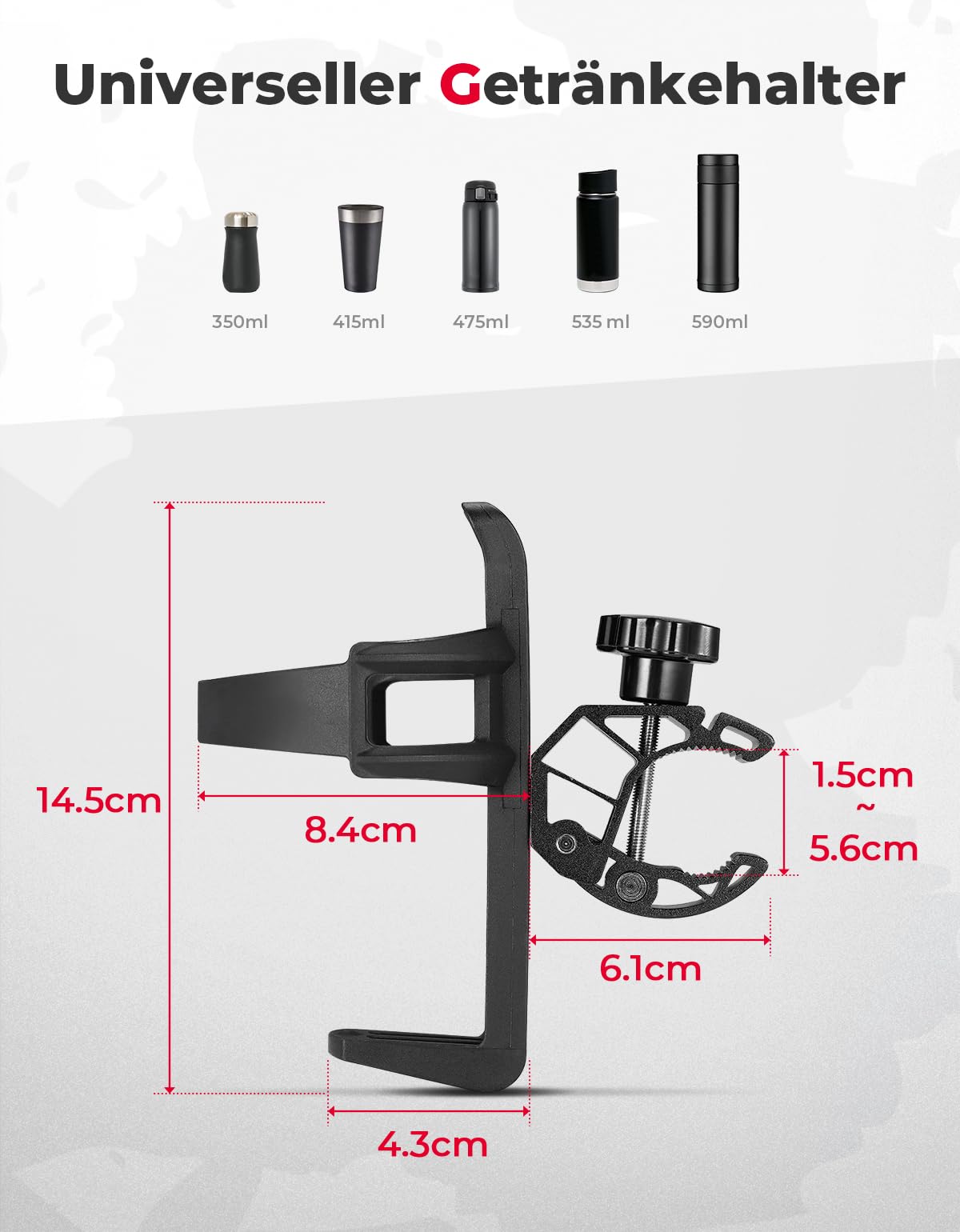 Universal Getränkehalter Für Fahrrad & Motorrad - Verstellbare Klemme 1,5-4cm - Für Flaschen Bis 600ml