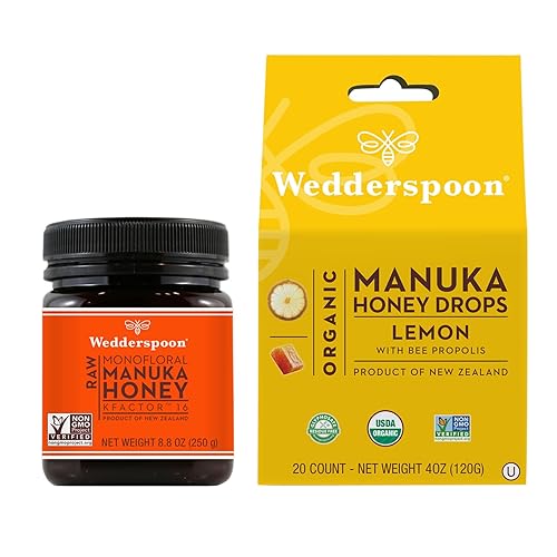 Wedderspoon Raw Premium Manuka Honey KFactor 16 (8.8 onzas, paquete de 1) y gotas de miel de manuka limón y propóleos de abeja (20 unidades, paquete