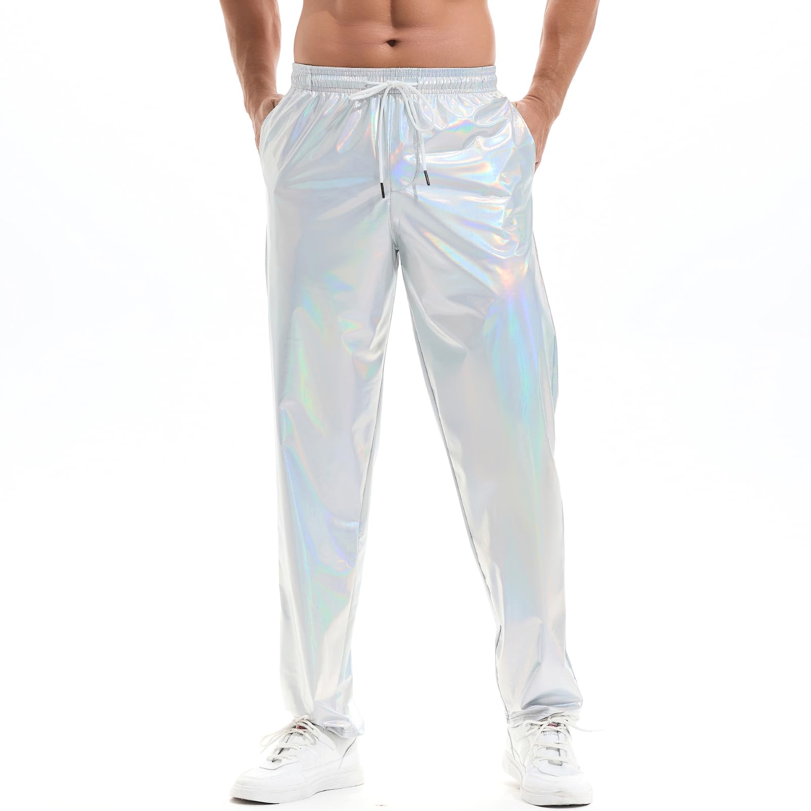 Amy Coulee Mens Metallic Trousers Shiny Disco Pants Sparkly Trousers with Pockets (Silver, XL)