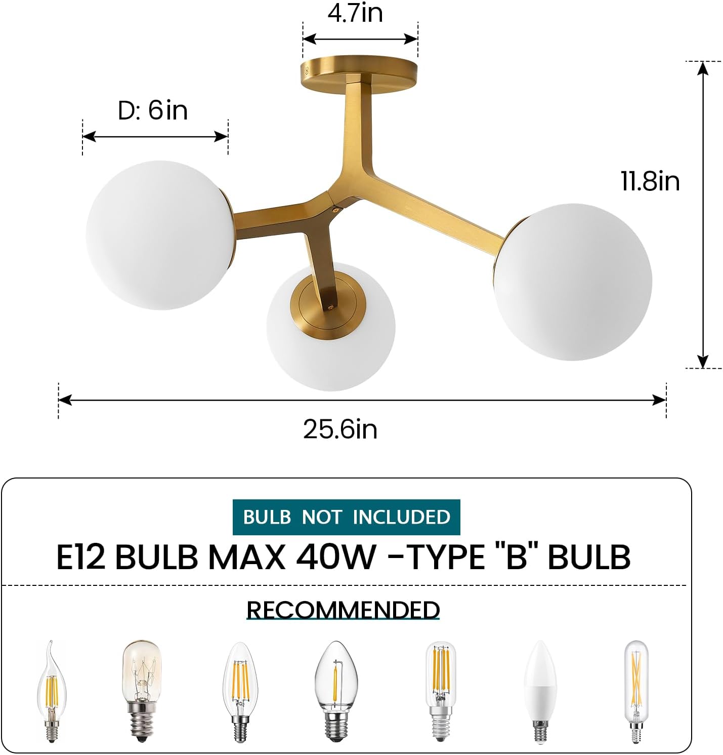 Semi Flush Mount Ceiling Light Fixture 3-Light Modern Gold Sputnik Chandelier with Globe Milky Frosted Glass Shade E12 Sputnik Ceiling Light for Kitchen, Hallway Light Fixtures Ceiling