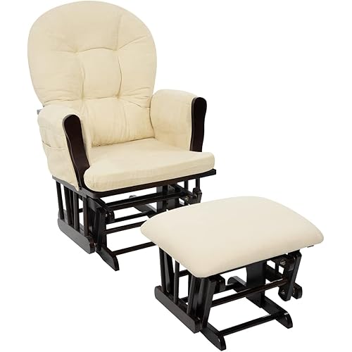 Naomi Home Brisbane Glider and Ottoman Set with Smooth Rocking & Gliding Motion, Ergonomic High-Back Support, Cushioned Armrests, Solid Wood Base, Storage Pockets, Espresso/Cream Nursery Chair
