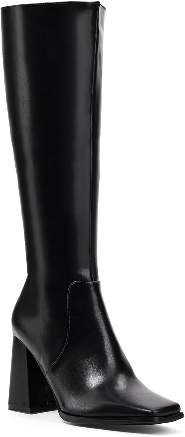 Elisabet Tang Casual Classic Knee High Long Boots Square toe 4IN for Women - Trendy Daily Chunky Block Heel Tall Dressy Boots Comfortable