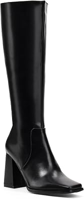 Elisabet Tang Casual Classic Knee High Long Boots Square toe 4IN for Women - Trendy Daily Chunky Block Heel Tall Dressy Boots Comfortable