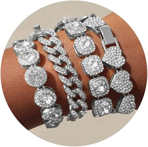 Paquete de 4 pulseras doradas para mujer, pulseras plateadas combinadas, brazalete de eslabones cubanos con corazones y diamantes, juego en capas de