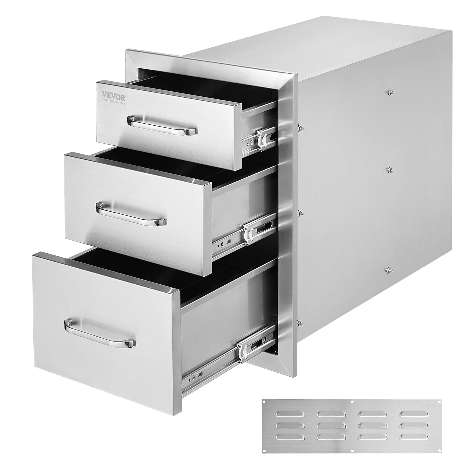 vevor 14x20.3 inch outdoor kitchen drawers stainless steel, flush mount triple drawers, 14w x 20.3h x 23d inch, with stainless steel handle, bbq drawers for outdoor kitchens or bbq island
