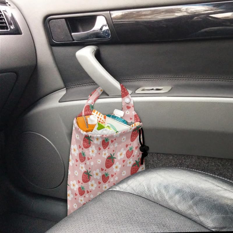 Image of Red Strawberry Multipurpose Car Trash Bin, Cartoon Fruit with Adjustable Handle, Pink Daisy Flower for Kitchens, Bedrooms, Travel