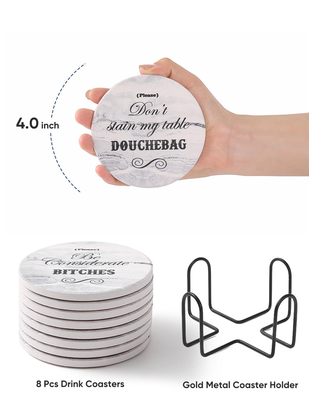 LIFVER Posavasos divertidos para bebidas absorbentes con soporte, juego de 8 posavasos con base de corcho, cerámica de mármol blanco estilo posavasos con 4 refranes para mesa de madera