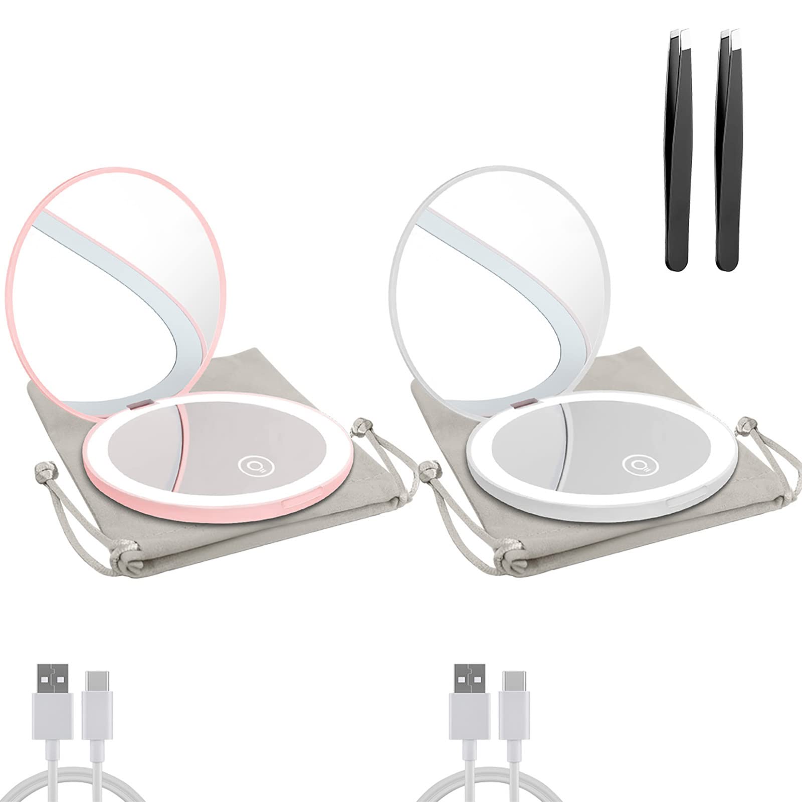 Milishow 2PC Compact Mirror with LED Light,1x/10x Magnifying Rechargeable Mirror,3.5in Pocket Mirror, Dimmable Travel Mirror for Handbag,Pocket,Handheld 2-Sided Makeup Mirror(Pink+White)