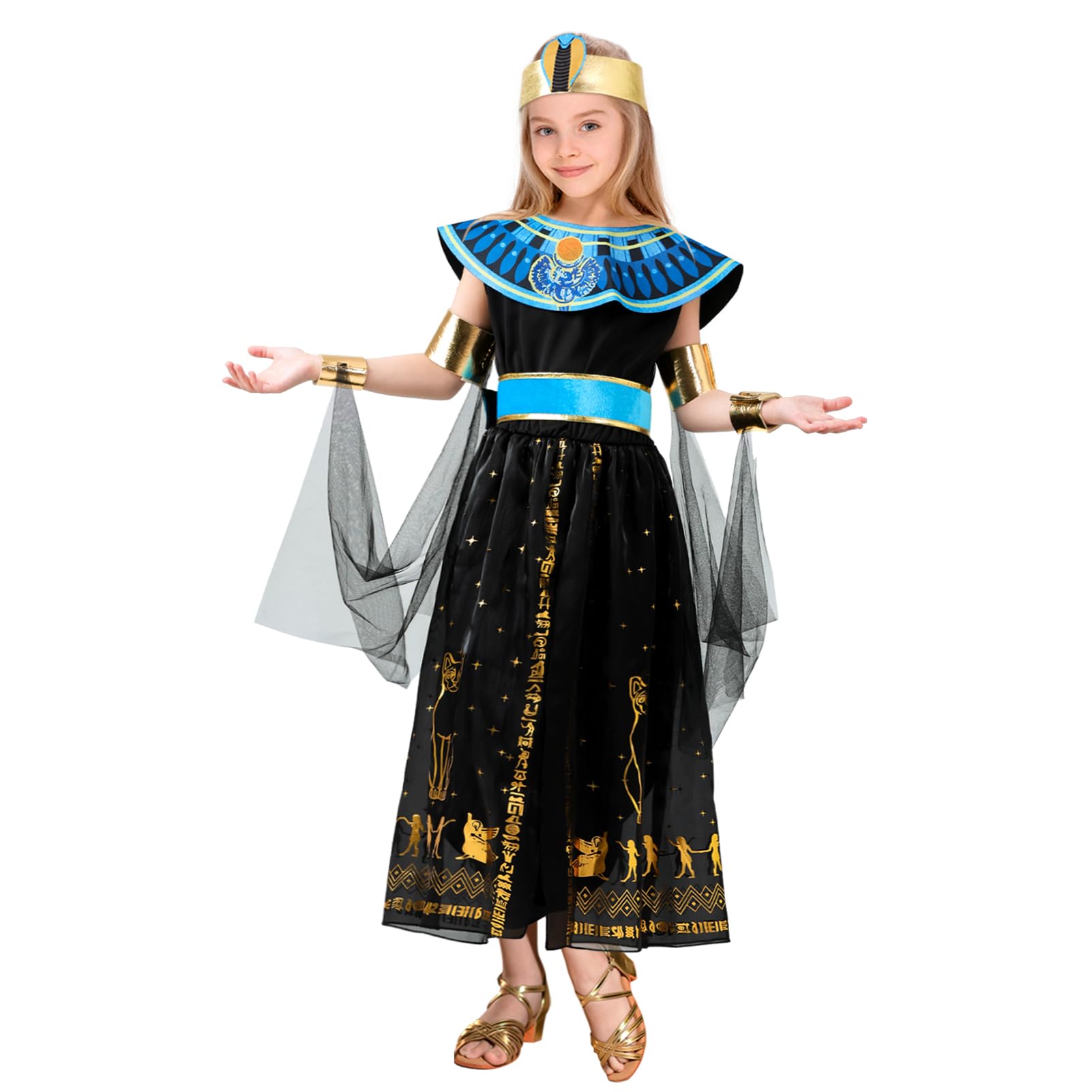 AMOBON Girls' Cleopatra Costume with Accessories - Egyptian Dress for Carnival Cosplay Party, Black