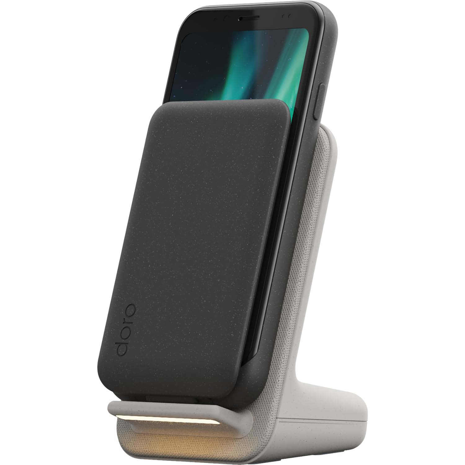 Doro - Pack Smartphone Aurora A20 - Base de Carga inalámbrica - Teléfono móvil con Tapa para Personas Mayores - Botón de Asistencia - GPS - Compatible con audífonos - Cable USB Incluido - Grafito