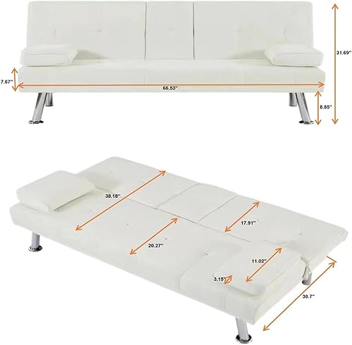 Miniatura 2 de Sofá cama tipo futón moderno de 66.5 pulgadas con patas de metal2 portavasos, sofá biplaza tapizado plegable convertible, asiento de espuma