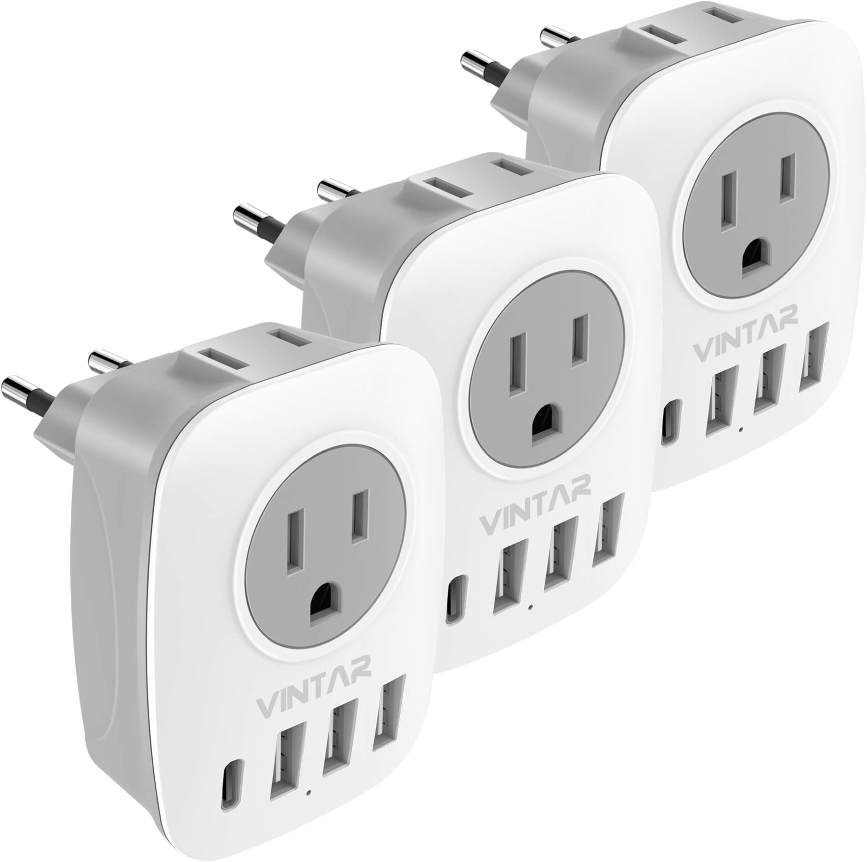 3 Pack European Travel Plug Adapter, VINTAR International Power Plug Adapter with 2 American Outlets, 1 USB C and 3 USB Ports, 6 in 1 Travel Essentials to France, German, Italy, Spain (Type C)