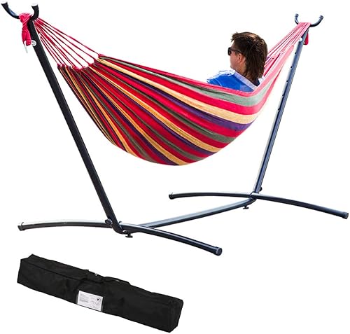Miniatura 8 de Soporte de hamaca portátil de 9 pies, soporte de acero para 2 personas, solo para patio al aire libre, patio, interior, dormitorio con funda de