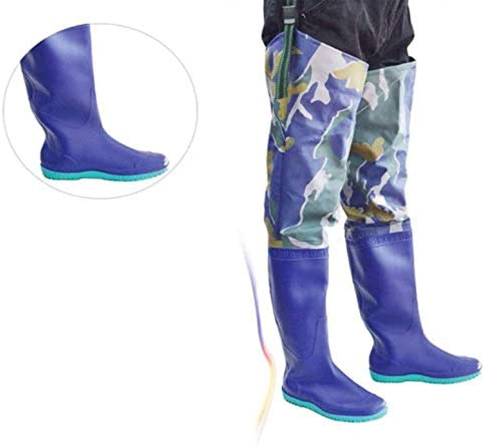 Leichte Atmungsaktive PVC-Angel Stiefel, 60cm Höhe Blau Tarnung Waders Schuhe, Wasserdichter und rutschfest Outdoor-Hose Hip Boots für Männer, Frauen