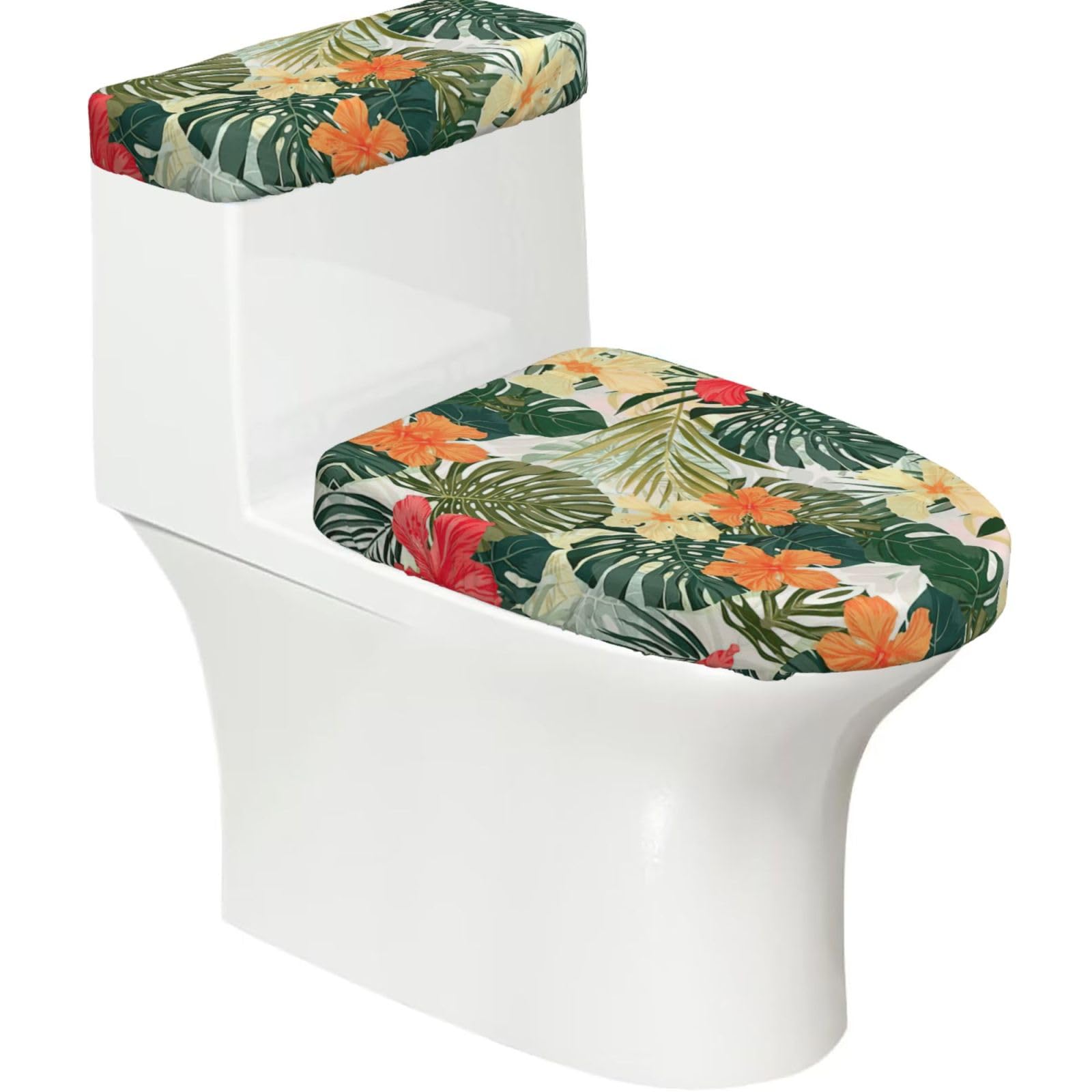 Vegetation Leaves With Hibiscus Flowers Print Toilet Seat Lid And Tank Covers Universal Fit Smooth Seat Cushion Easy To Clean For Home Hotel