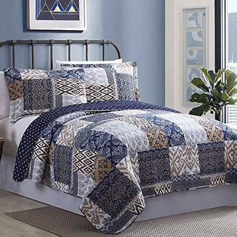 Amrapur Overseas | Laura 100% Cotton 3-Piece Printed Reversible Quilt Set (Navy/Rust, King) Cover