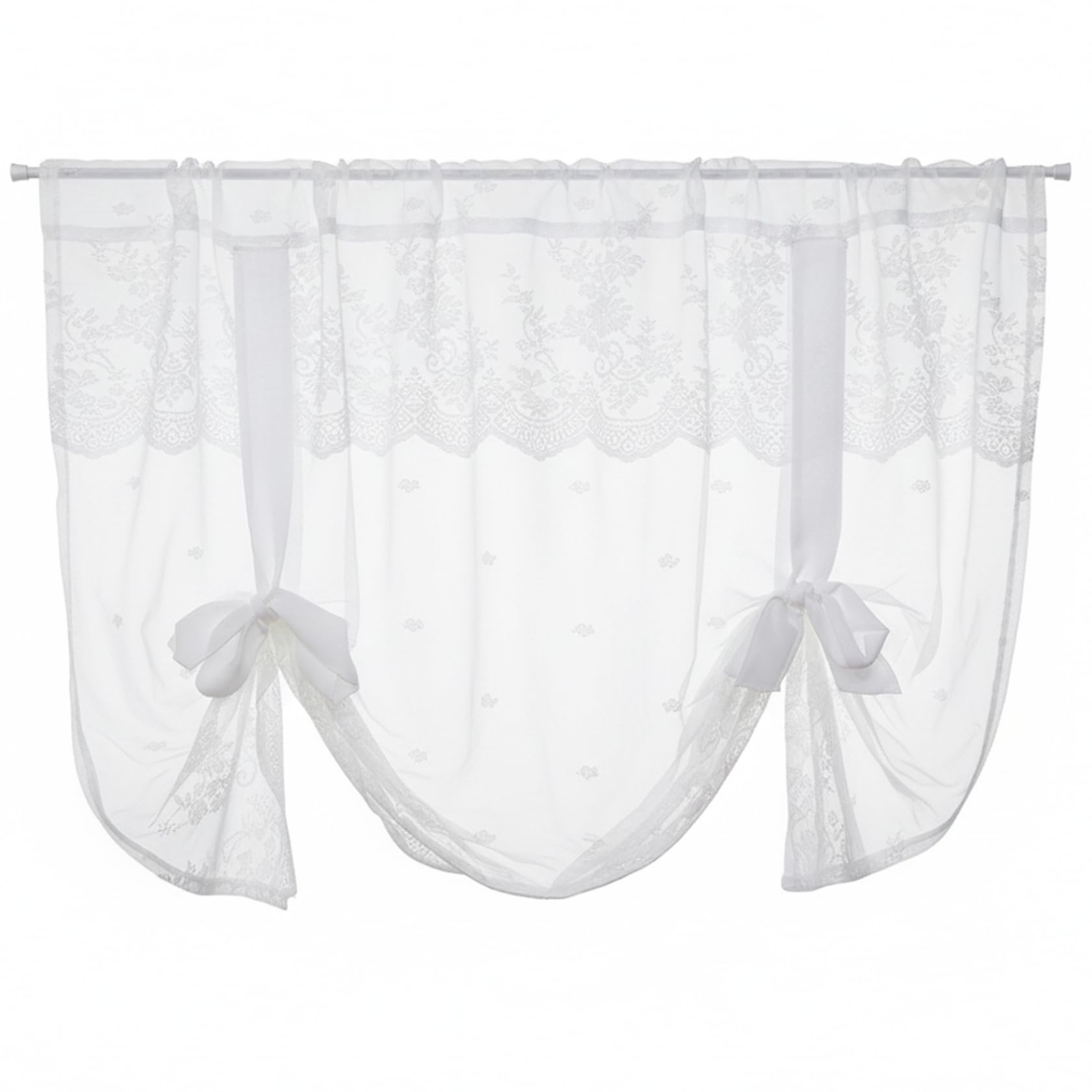 Temeemeg Macrame Curtains for Windows White Lace Valance with Bow Tie Backs Sheer Tier Curtain for Kitchen & Bathroom 1 Panel