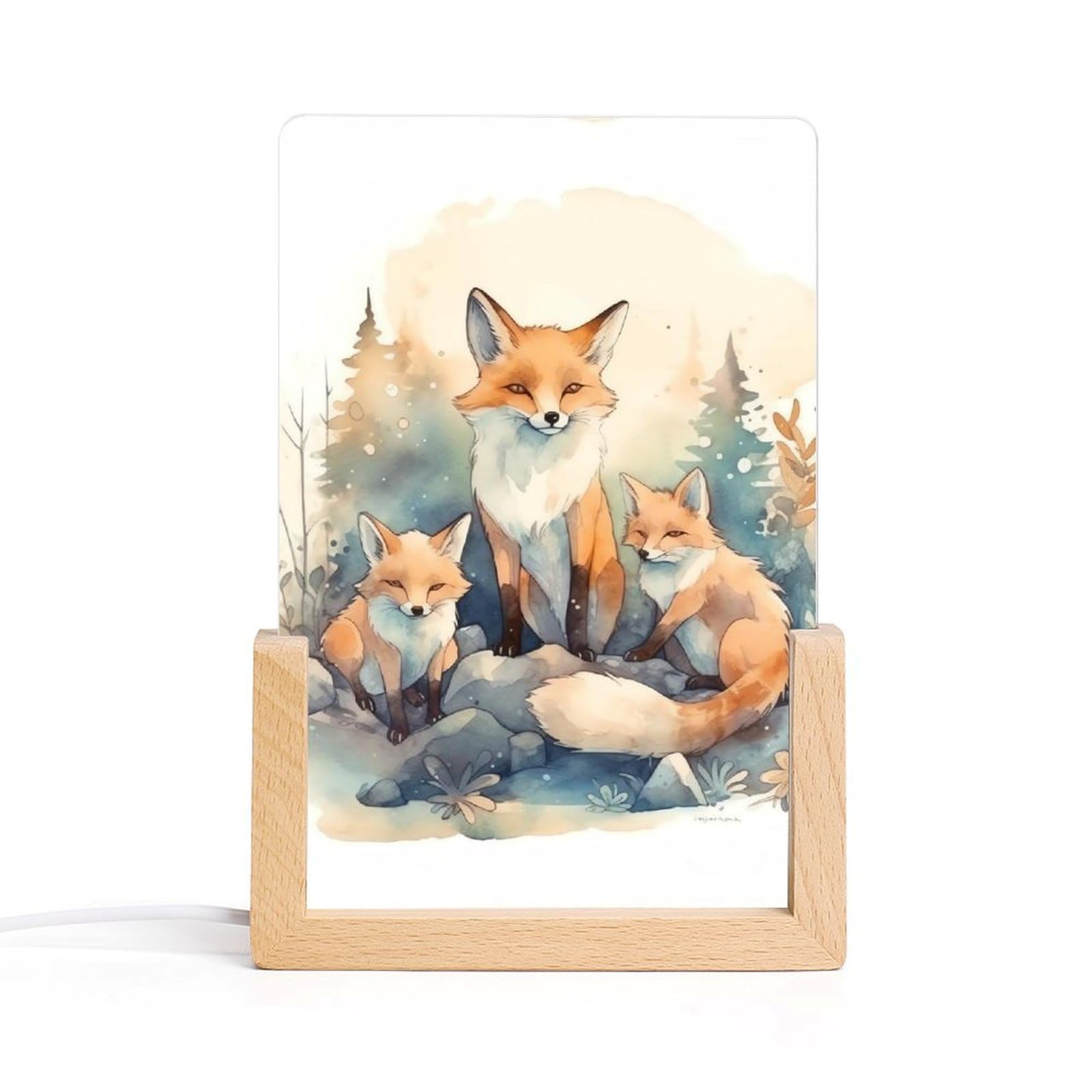 JTREHY Acrylic Night Light,Watercolor Fox Printed Wooden Base LED Night Light Modern Home Decoration Light with USB Switch Cable for Bar Cafe Bedroom Room Decoration