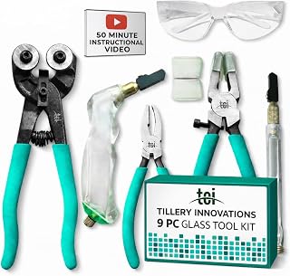 Professional 9 PC Stained Glass Tool Kit with Instructional Video, Carbide Wheel Mosaic Cutter, Oil Fillable Pistol and Pencil Grip Cutter, 1” Running Pliers, Breaking and Grozer Pliers