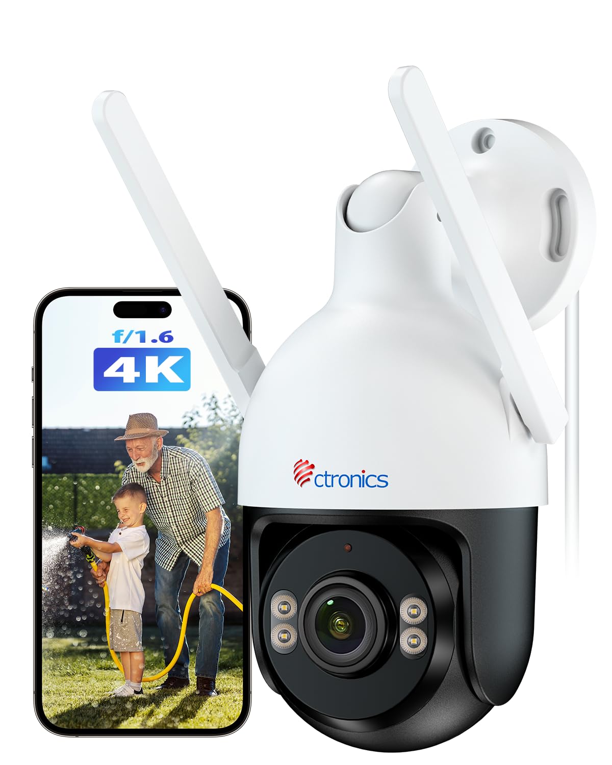 Ctronics 4K 8MP Überwachungskamera Aussen WLAN 2,4/5GHz, PTZ IP Kamera Outdoor Personen-/Fahrzeug-/Tiererkennung, Auto-Tracking, Rot-und Blaulichtalarm, Farbnachtsicht, 2-Wege Audio, PC/Cloud/Metall