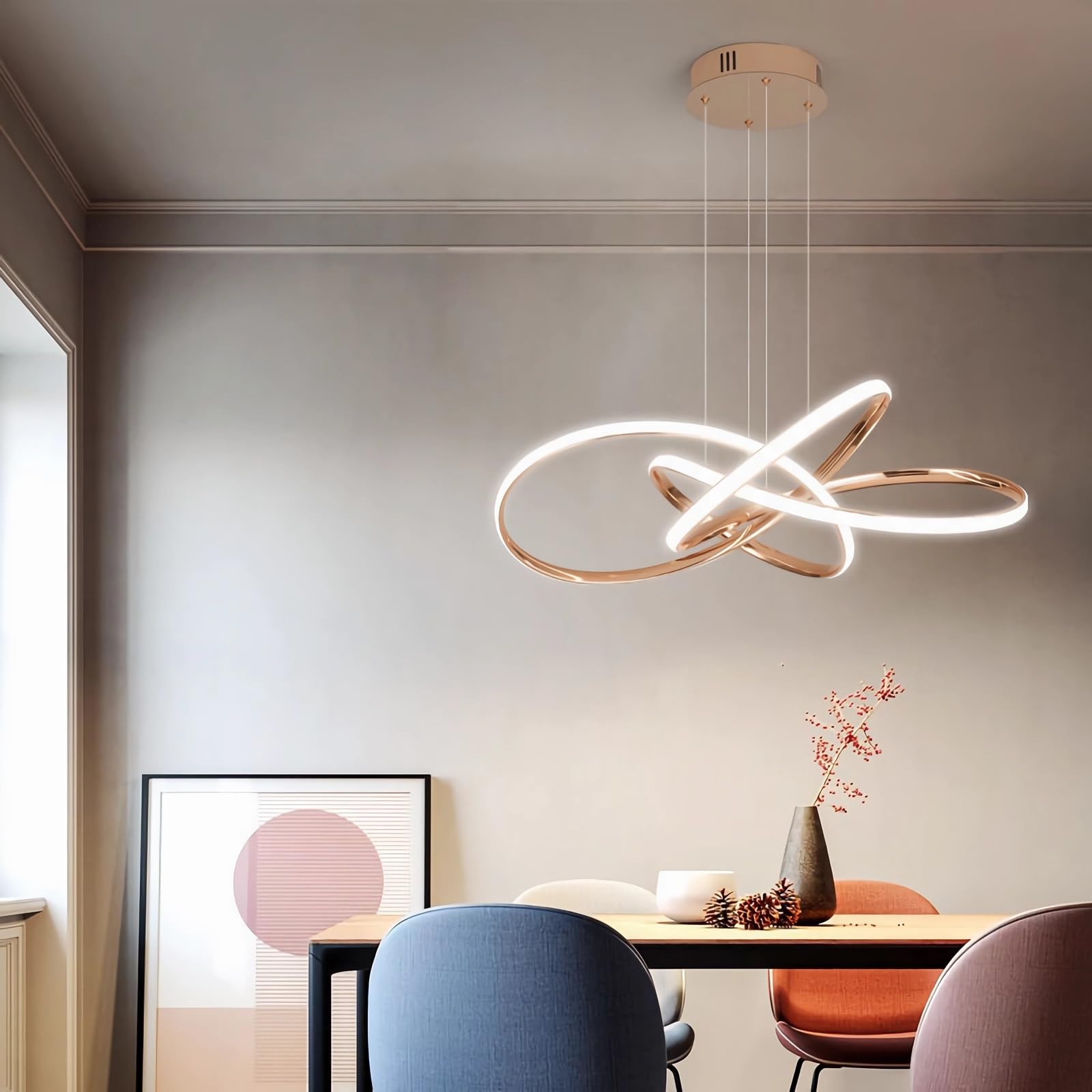 Lámpara colgante de techo 64W LED moderna Diseño espiral, Luz Colgante regulable con control remoto, Luz de araña altura ajustable, para Sala de estar, dormitorio, Comedor, Cocina isla (B - Dorado)