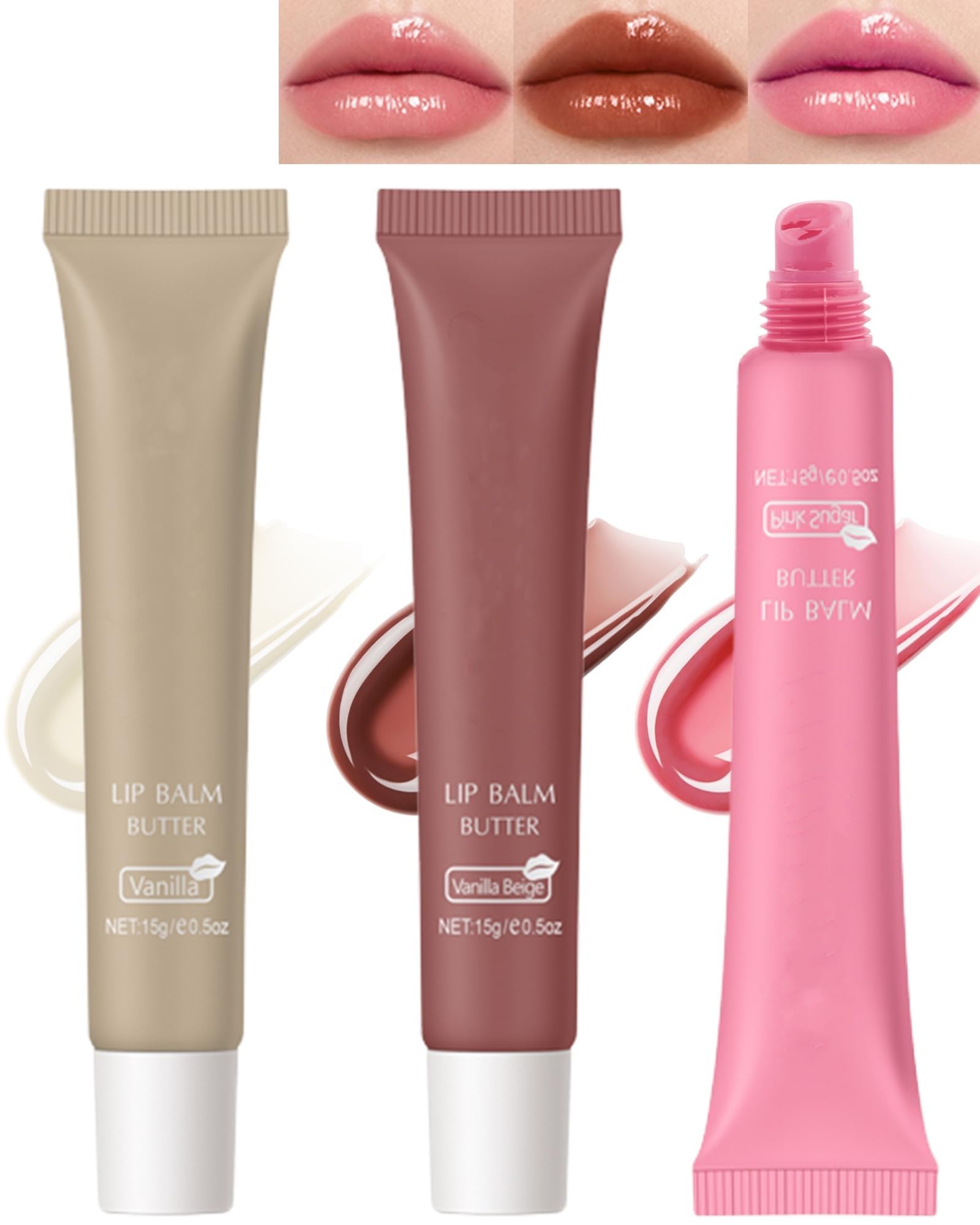 Azonee 3 Pcs Tint Lip Butter Balm Set, 3 Colors Long Lasting Hydrating Liquid Lip Balm, Glitter Glossy Plumping Lip Gloss, Non-Sticky Tinted Lip Balm, Glow Reviver Lip Care Oil