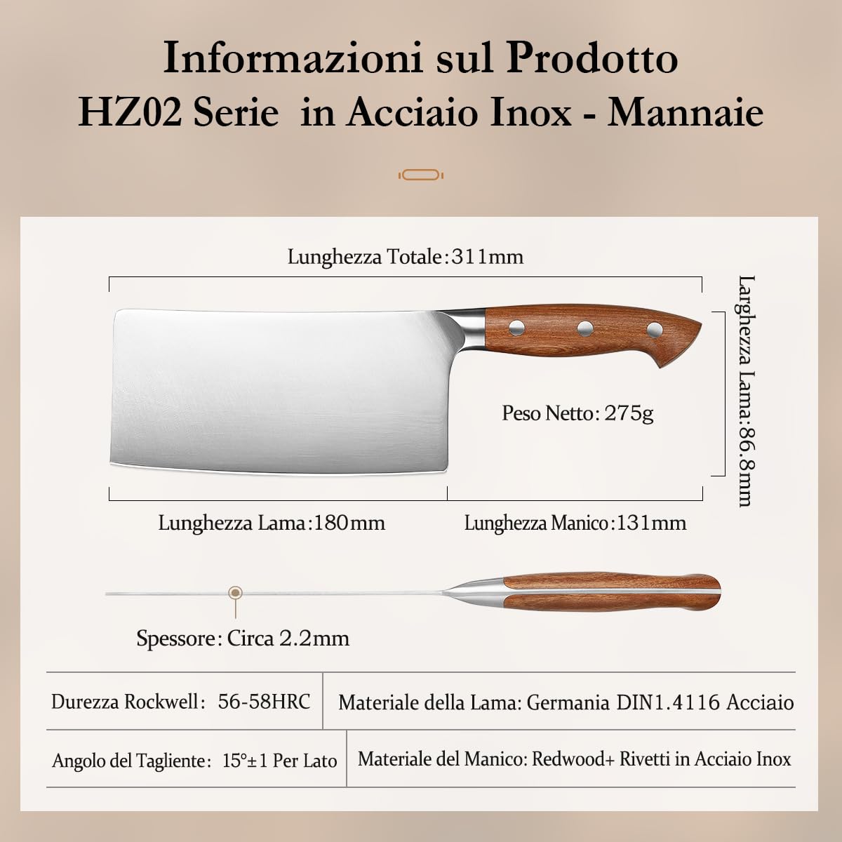HEZHEN 18cm Mannaia per Carne, Coltello da Chef Cinese, Coltello da Cucina Multifunzionale, Manico in Redwood