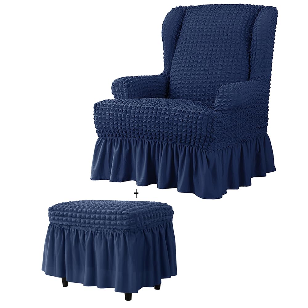 XMNTG Stretch Seersucker Wingback Chair Cover with Ottoman Slipcover Armchair Cover Rectangular Footstool Cover with Skirt Country Style Washable Chair Protector for Living Room Kid Pet (Navy 2pc)