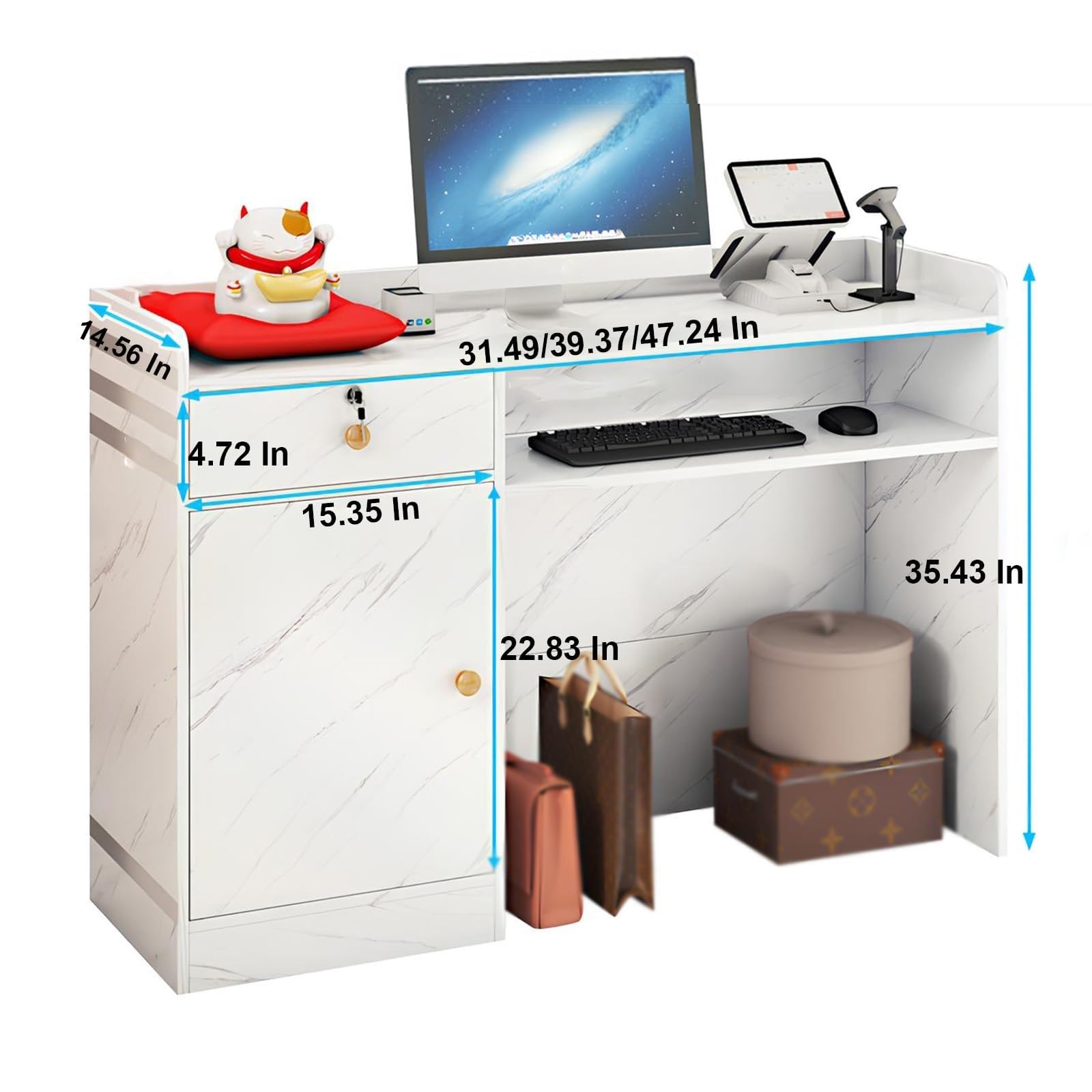 Empfangstheke Mit Theke, L-förmiger Schreibtischtisch Aus Holz Mit Abschließbaren Schubladen, Empfangstheke, Empfangstheke for Supermarkt-Convenience-Store-Hotel(White,S)