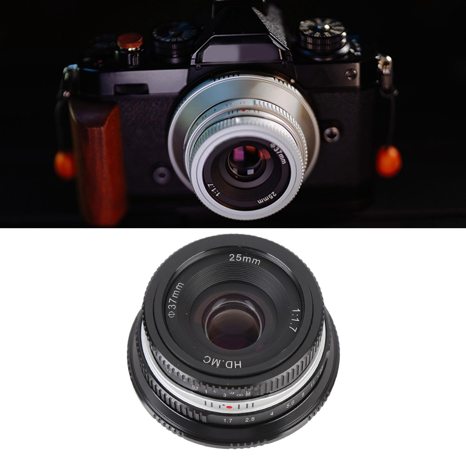 Ręczny Obiektyw Aparatu 25 Mm F1.7, Obiektyw z ręczną regulacją Ostrości o Dużej Przysłonie i przednią pokrywką, do Aparatu Bezlusterkowego G1 G3 G5 G6 G7 M4 3 z Mocowaniem 3 (BLACK)