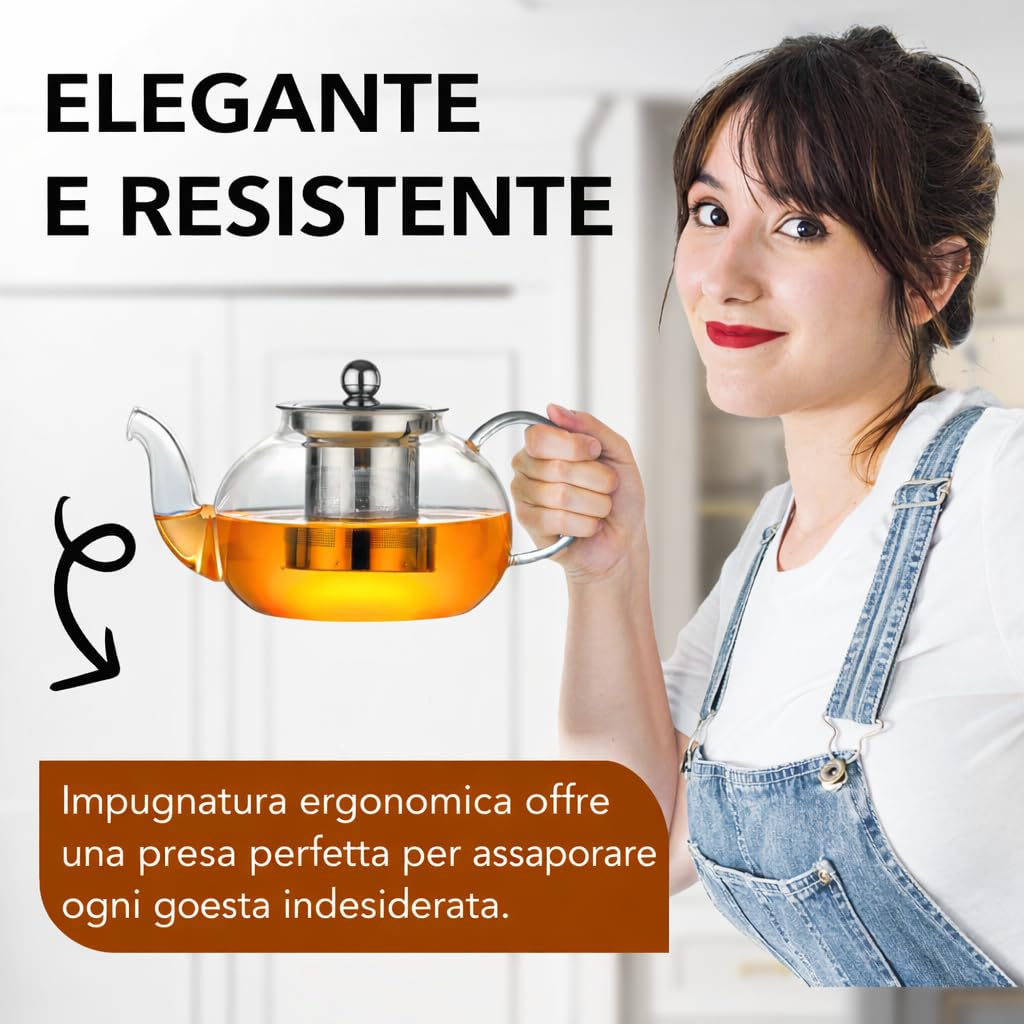 Teiera in vetro borosilicato - Bollitore per tè - Teiere con infusore rimovibile - 800ml