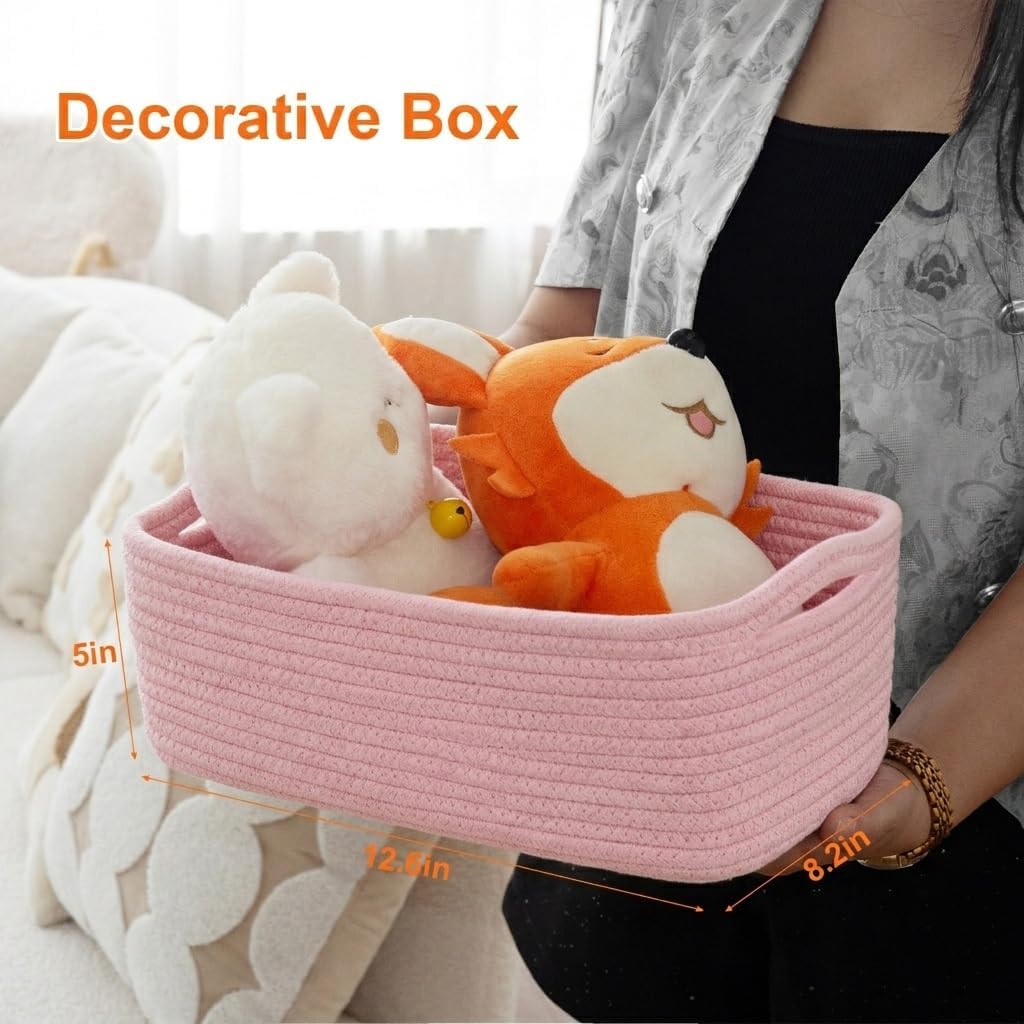 Small Storage Baskets for Organizing, Woven Storage Bins for Shelves, Gift Basket Empty, Cute Decorative Closet Organizer, Baby Rope Basket, Dog Toy Storage, 13.2x8.2x5.2”, 3Packs Pink