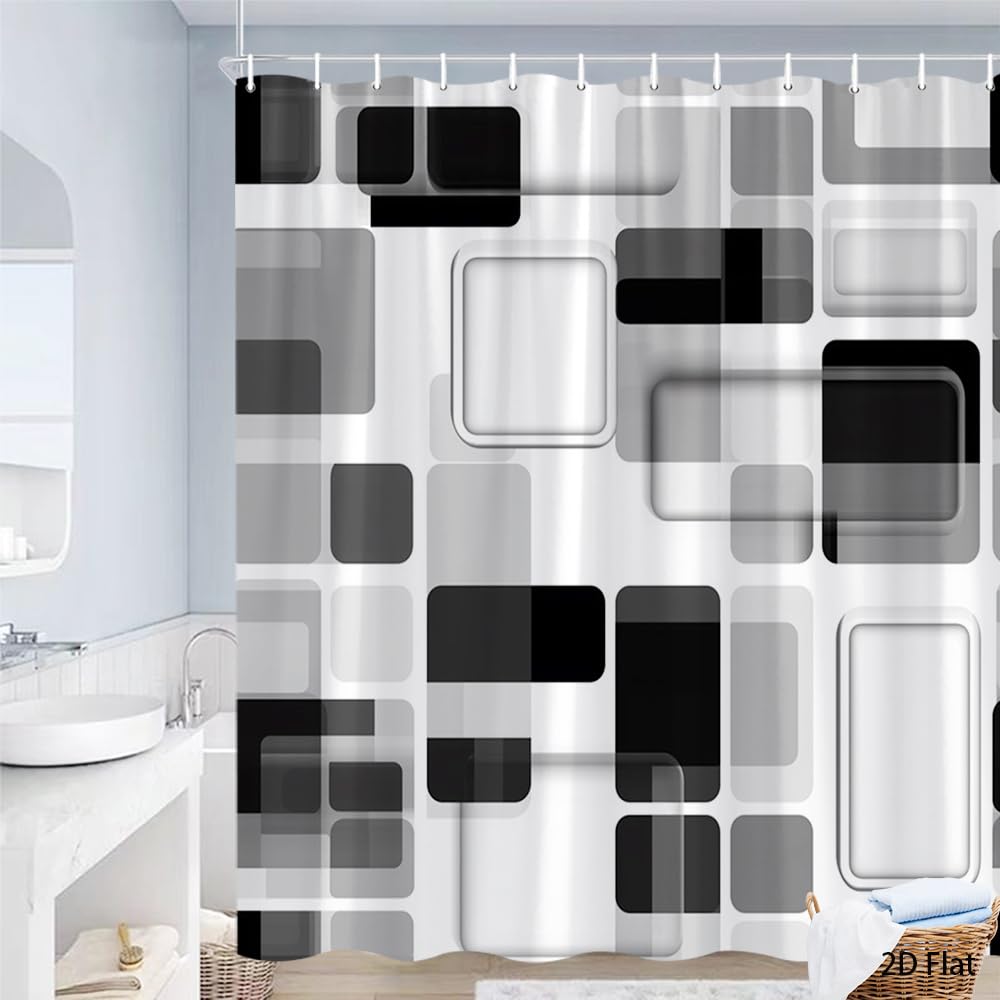 GLWDMB 1 Piece 120x180CM Abstract Black and White Geometric Printed Shower Curtain With Hook, Polyester, for Windows And Walls, Bathtub, Bathroom, Machine Washable, All Season Universal
