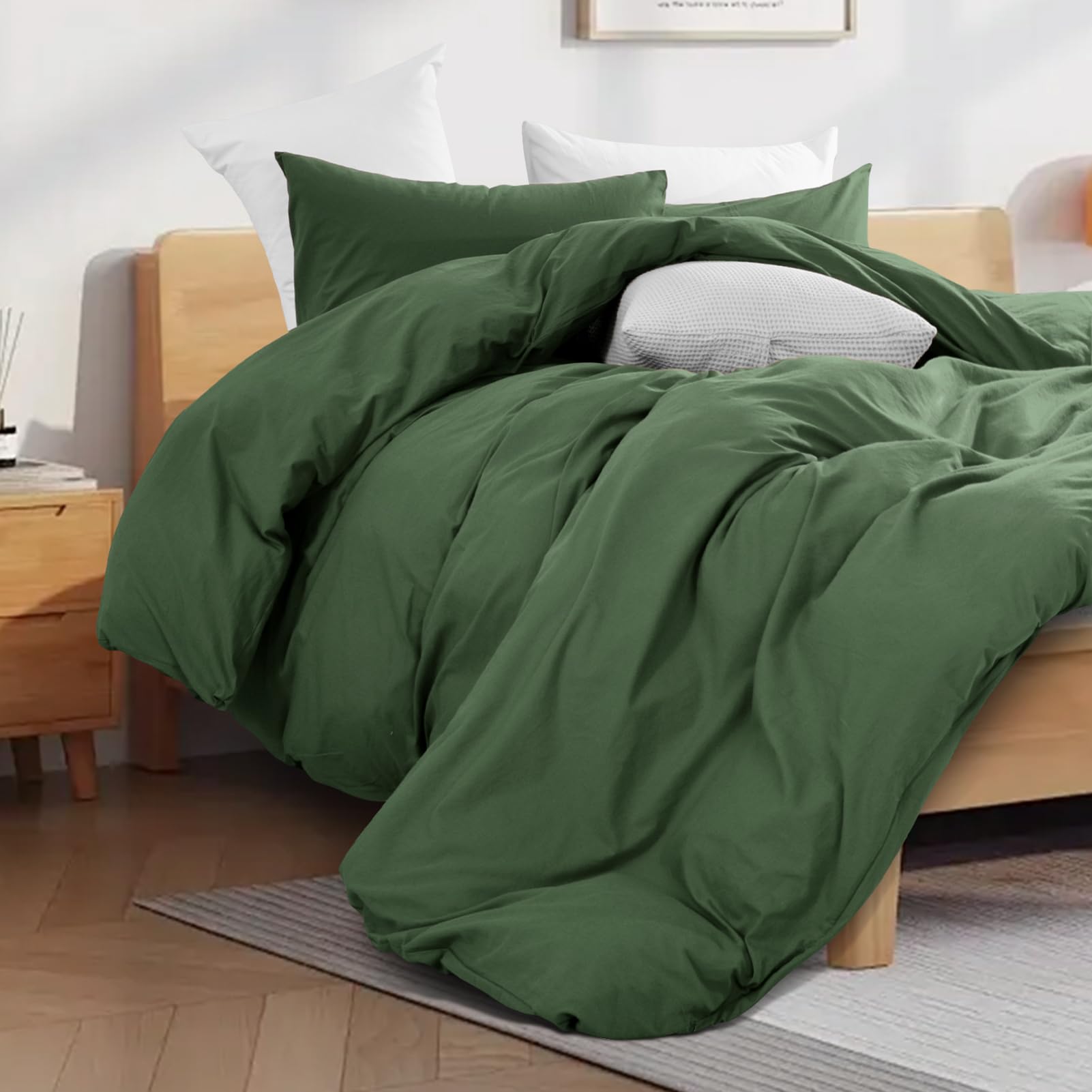 NEXHOME PRO Organic Cotton Duvet Cover Queen – Pleated Forest Green, 3-Piece Set With Zipper