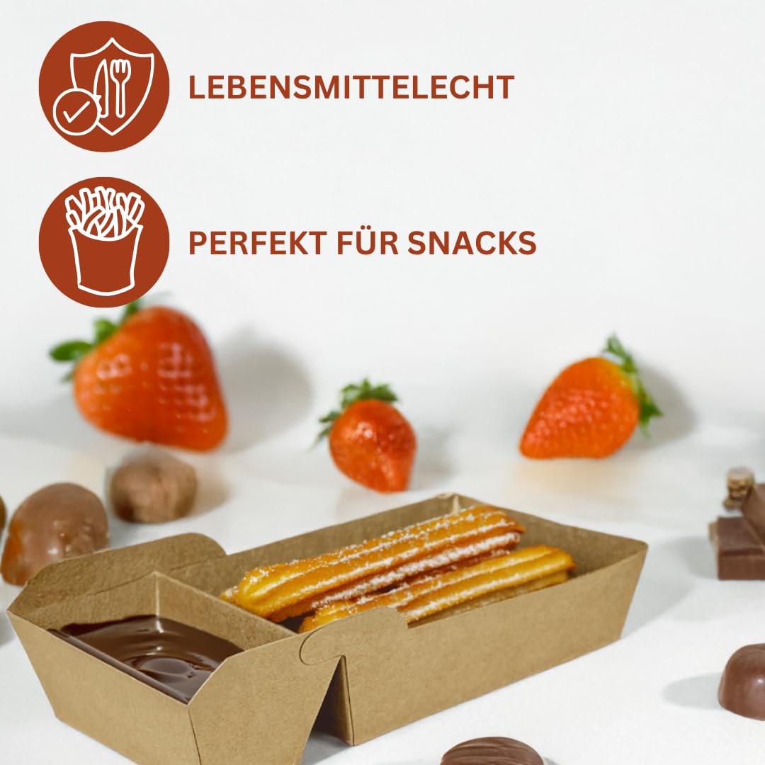 Enpack Snackschale A23 (A7+1) - 50 Snackschalen aus Kraftkarton - Einweg Pommesschalen - Pommes-Frites-Trays - Snack Container - Fingerfood Schiffchen mit 2 Fächer beschichtet - abbaubar 9x17x3,5 cm