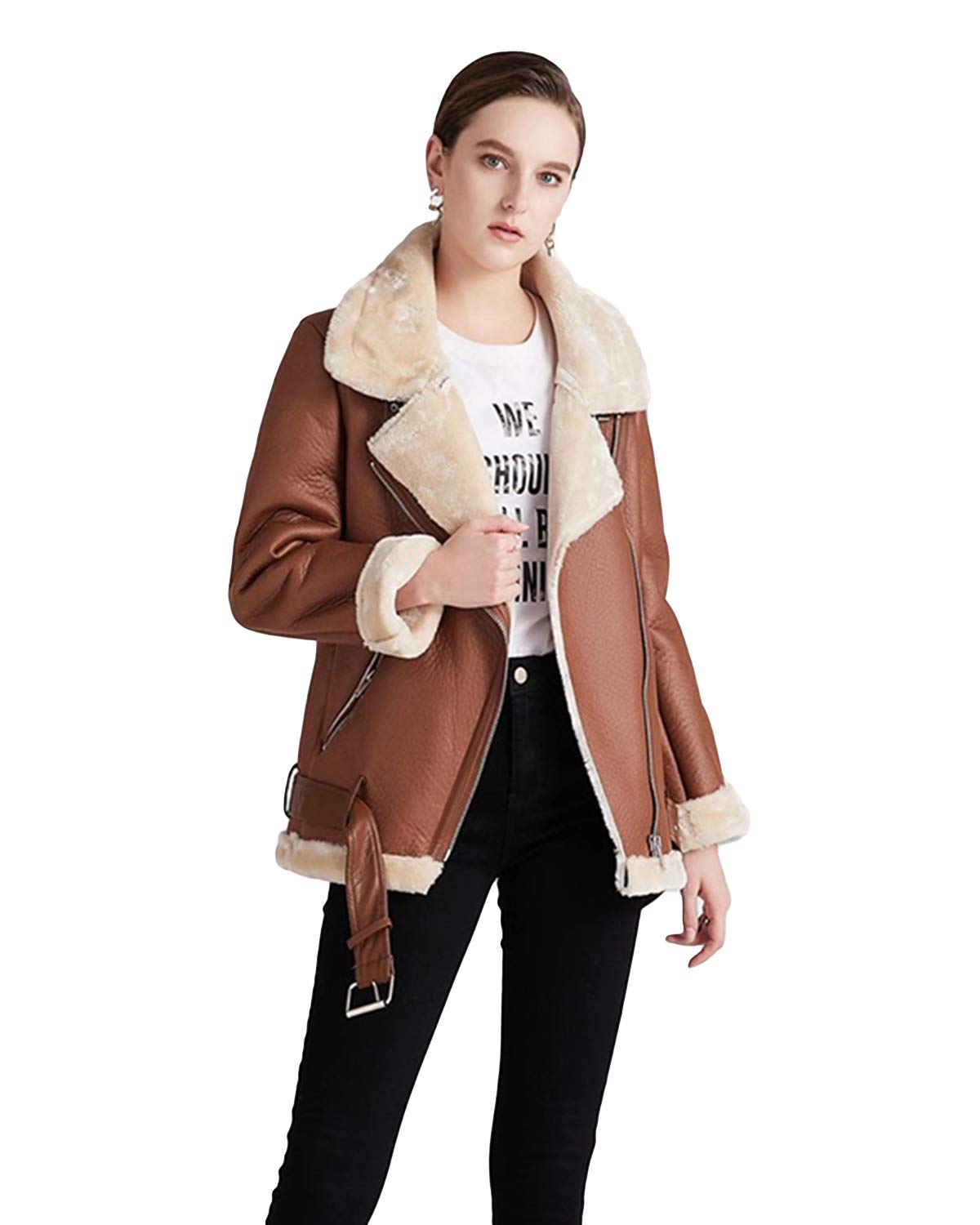 LY VAREY LIN Women's Faux Shearing Moto Jacket Thick Lined Parka Winter Shearling Coat Leather Jacket