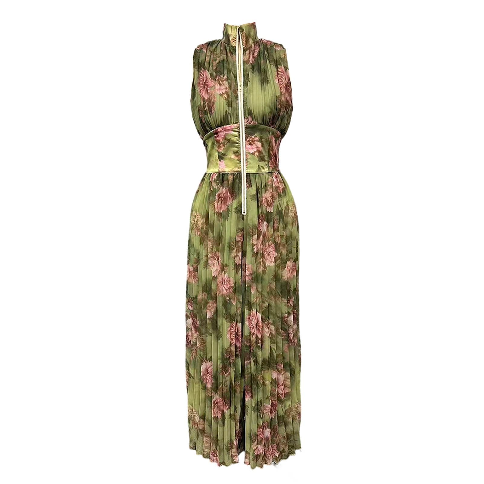 Mono Plisado Chifón Mujer Cuello en V o Cuello Alto Sin Mangas Cremallera Cintura Alta Pantalón Ancho Una Pieza Verano Boho w