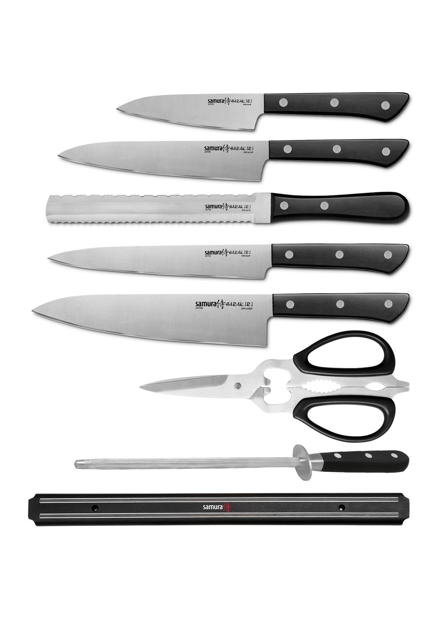 Samura Harakiri Japanese Knife Set for Hobby Chefs | 8 en 1 Professional Kitchen Knife Set with 5 Knives, Kitchen Scissors, Knife Sharpener and Magnetic Knife Holder | Masterful Kitchen Accessory Set