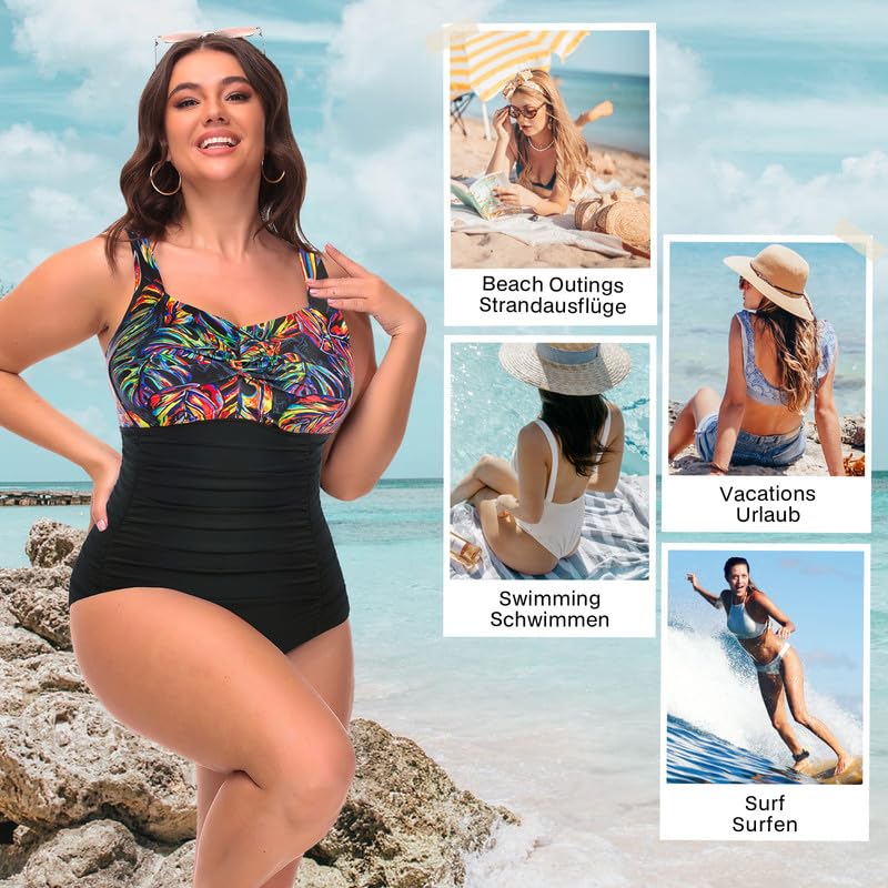 Hanna Nikole Einteilige Bademode Damen Große Größen Bauchweg Push Up Einteilige Swimsuit Für Mollige Frauen Bunte Blätter 42 4