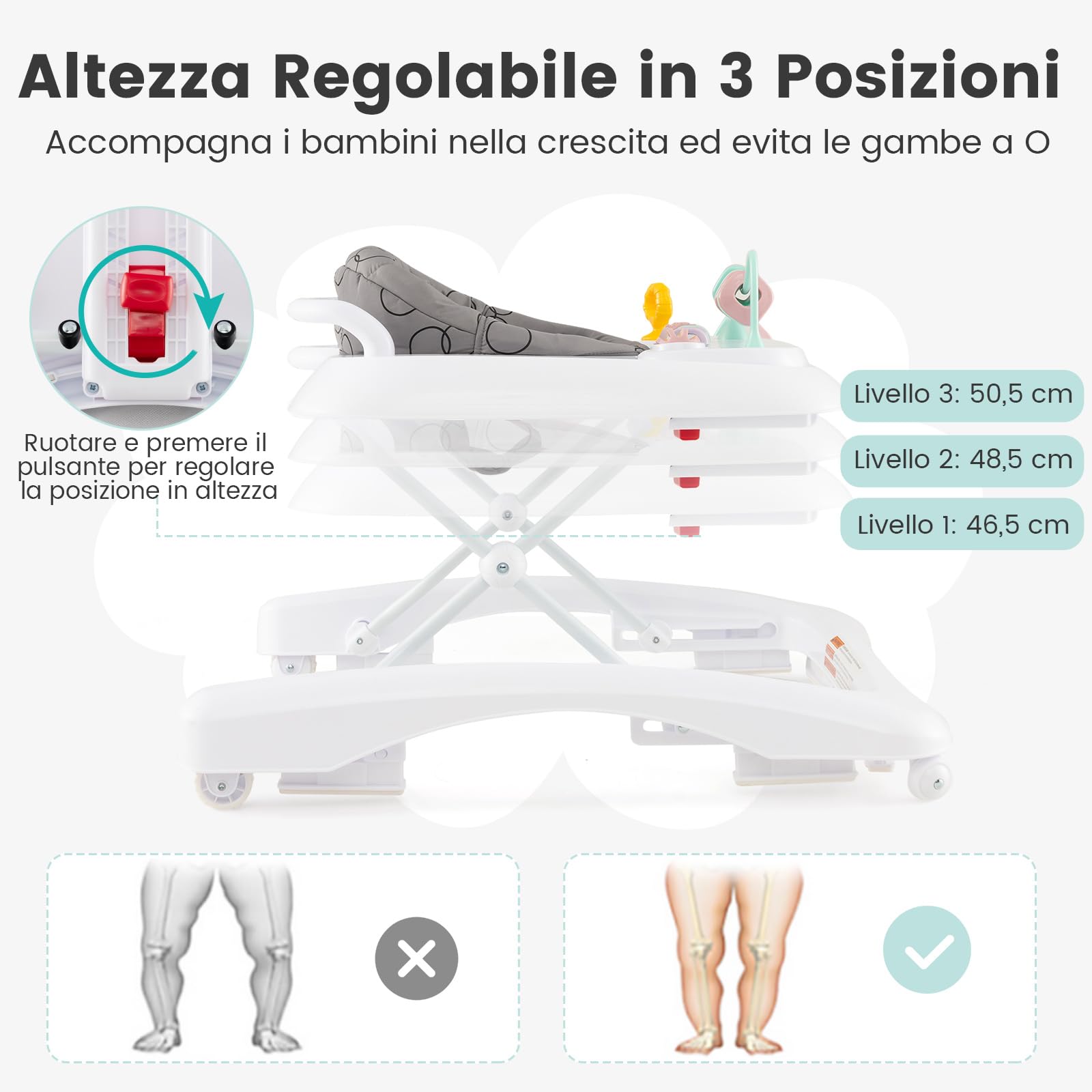 RELAX4LIFE Girello Pieghevole per Bambini, con 3 Altezze Regolabili, Piastra Giocattolo Rimovibile, Cuscino Morbido, Ruote Lisce, Anti-ribaltamento (GRIGIO)