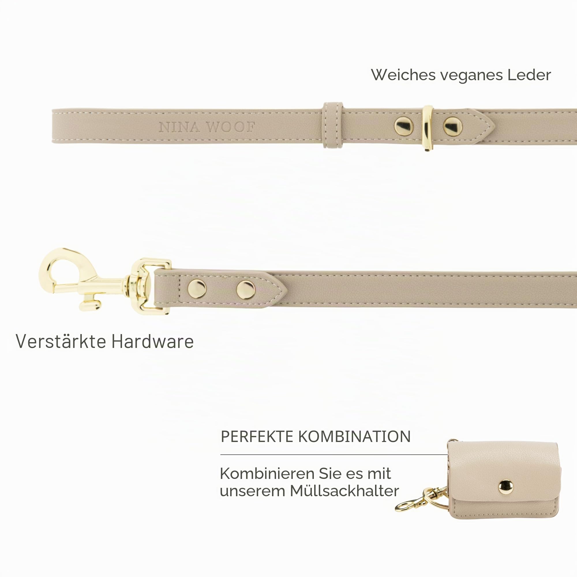 NINA WOOF Cupertino Hundeleine - Vegane Lederleinen für kleine bis große Hunde - Strapazierfähige Leinen zum Spazierengehen und Trainieren deines Hundes - Farbe Beige.